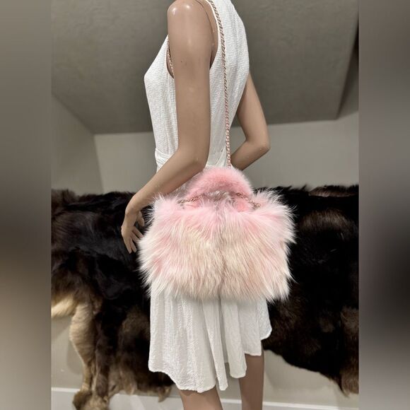 Stunning Pink Gradient Genuine Fox Fur Handmade Top Handle Satchel Bag/Crossbody - Picture 11 of 17